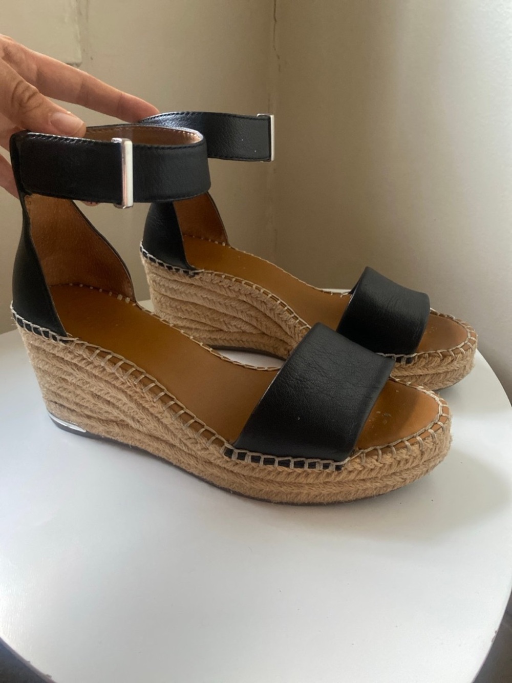 Franco Sarto Black Espadrille Jute Wrapped Wedge Sandals with Ankle Strap